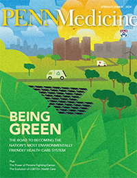 The front cover of Penn Medicine magazine, depicting a digital landscape illustration of solar panels in a field and an ambulance driving on the road.